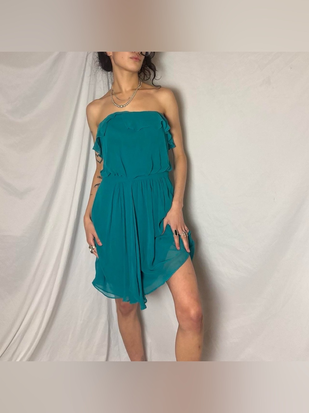 Sexy Ruffled Teal Strapless Cache Dress Size 6